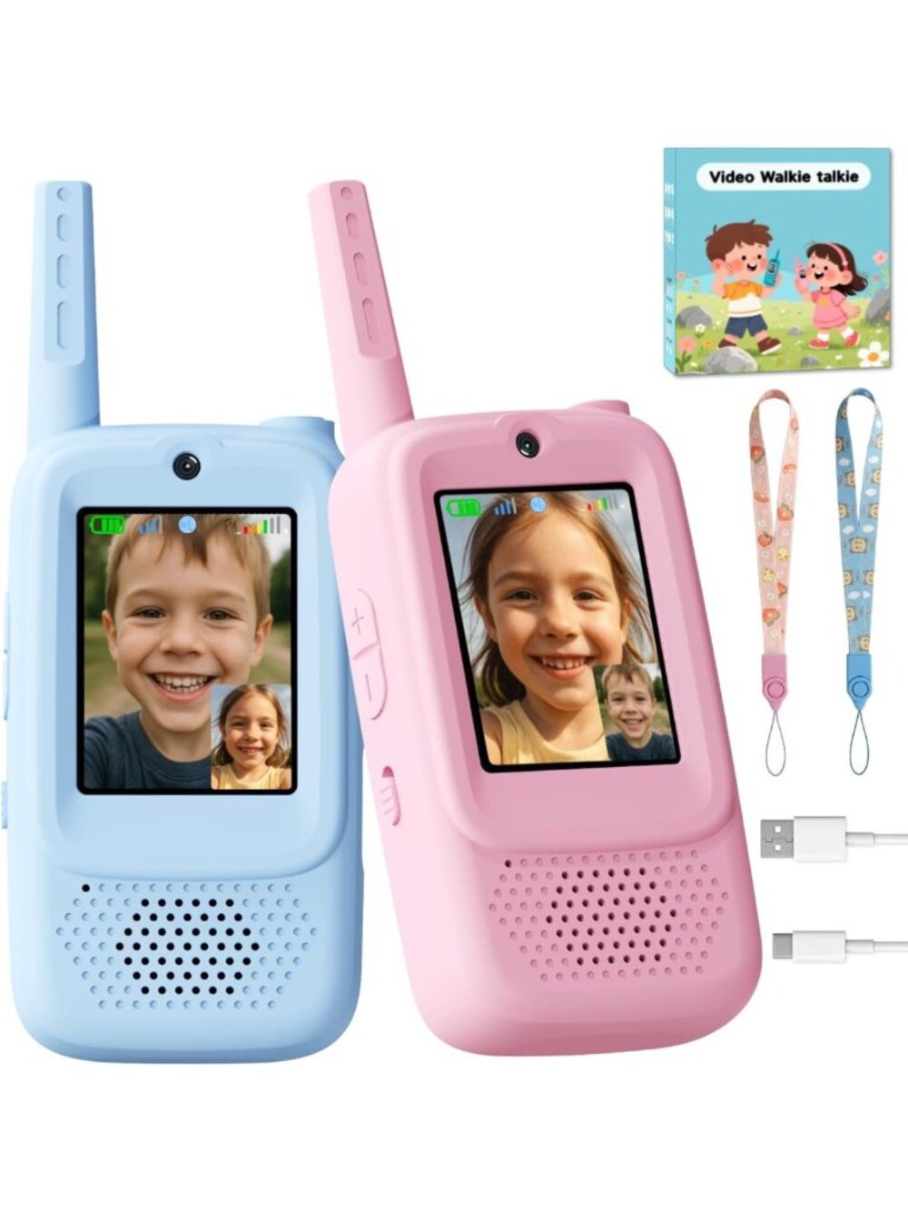 Rechargeable Video Walkie Talkies for Kids - 2 Pack Indoor Outdoor Toys, Ages